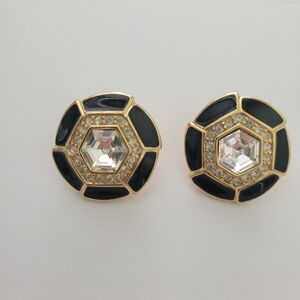Vtg TRIFARI Octagon Post Earrings Gold-Tone Black Enamel Rhinestone Spider Web